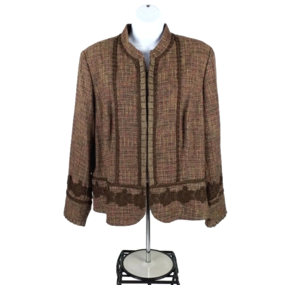 Coldwater Creek Brown Plaid Tweed Hook Front Long Sleeve Peplum Jacket PXL - Picture 1 of 16